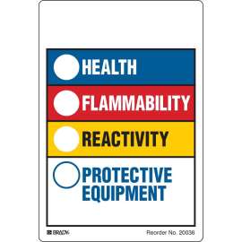 HEALTH, FLAMMABILITY, REACTIVITY, PROTECTIVE EQUIPMENT, 5.875" H x 4" W, Black/Blue/Red/Yellow on White, Pack of 100 Labels