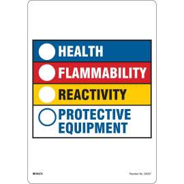 HEALTH, FLAMMABILITY, REACTIVITY, PROTECTIVE EQUIPMENT, 5.875" H x 7" W, Black/Blue/Red/Yellow on White, Pack of 100 Labels