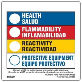 HEALTH/SALUD, FLAMMABILITY/INFLAMABILIDAD, REACTIVITY/REACTIVIDAD, PROTECTIVE EQUIPMENT/EQUIPO PROTECTIVO, 3.875" H x 3.875" W, Black/Blue/Red/Yellow on White, Pack of 100 Labels