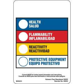 HEALTH/SALUD, FLAMMABILITY/INFLAMABILIDAD, REACTIVITY/REACTIVIDAD, PROTECTIVE EQUIPMENT/EQUIPO PROTECTIVO, 5.875" H x 4" W, Black/Blue/Red/Yellow on White, Pack of 100 Labels