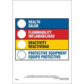 HEALTH/SALUD, FLAMMABILITY/INFLAMABILIDAD, REACTIVITY/REACTIVIDAD, PROTECTIVE EQUIPMENT/EQUIPO PROTECTIVO, 10" H x 7" W, Black/Blue/Red/Yellow on White, Pack of 100 Labels