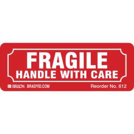 FRAGILE HANDLE WITH CARE Sign, Pack of 500 Labels, 1.125" H x 3.25" Wx 0.0038" D, White on Red