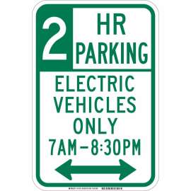 2 Hr Parking Electric Vehicles Only 7 Am-830 Pm Sign, 18" H x 12" W x 0.090" D, Aluminum, Dual