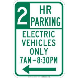 2 Hr Parking Electric Vehicles Only 7 Am-830 Pm Sign, 18" H x 12" W x 0.090" D, Aluminum, Left