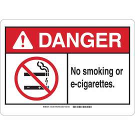 DANGER No Smoking Or E-Cigarettes. Sign, 10" H x 14" W x 0.1" D, Fiberglass