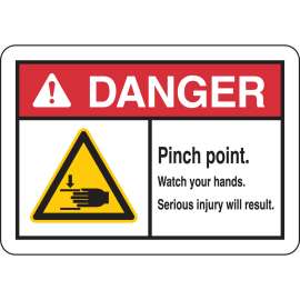 DANGER Pinch Points. Watch Your Hands. Sign, 7" H x 10" W x 0.035" D, Aluminum, Black/Red/Yellow on White