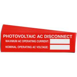 Pre-Printed SOLAR AC DISCON VAR Warning Labels, 1"x4" Vinyl, 25Pk