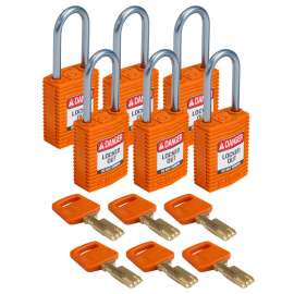 Compact SafeKey Key Retaining Nylon Padlock 1.5in Aluminum Shackle KD Orange 6PK