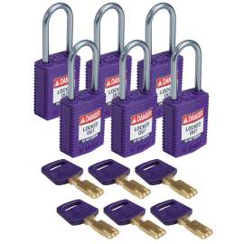 Compact SafeKey Key Retaining Nylon Padlock 1.5in Aluminum Shackle KD Purple 6PK