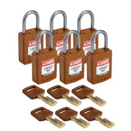 Compact SafeKey Key Retaining Nylon Padlock 1 in Aluminum Shackle KD Brown 6PK