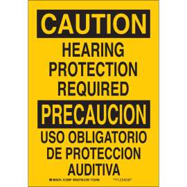 Bilingual CAUTION Hearing Protection Required Sign, 14" H x 10" W x 0.035" D, Aluminum