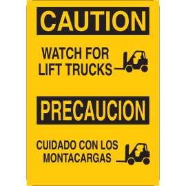 Bilingual CAUTION Watch For Lift Trucks Sign, 14" H x 10" W x 0.06" D, Polystyrene