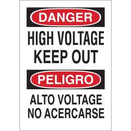 Bilingual DANGER High Voltage Keep Out Sign, 20" H x 14" W x 0.1" D, Fiberglass