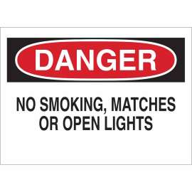 DANGER No Smoking, Matches Or Open Lights Sign, 10" H x 14" W x 0.1" D, Fiberglass
