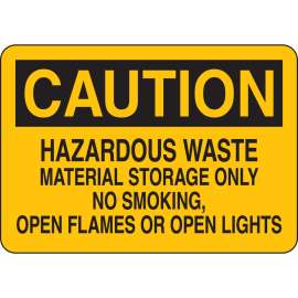 CAUTION Hazardous Waste Material Storage Only No Smoking, Open Flames Or Open Lights Sign, 7" H x 10" W, Polyester
