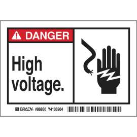 DANGER High Voltage. Labels, 3.5" H x 5" W x 0.006" D, Black/Red on White