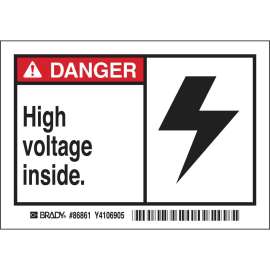 DANGER HIGH VOLTAGE INSIDE. Labels, 3.5" H x 5" W x 0.006" D, Black/Red on White