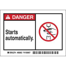 DANGER Starts automatically. Labels, 3.5" H x 5" W x 0.006" D, Black/Red on White