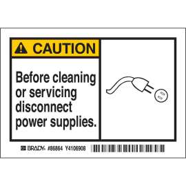 CAUTION Before Cleaning Or Servicing Disconnect Power Supp Labels, 3.5" H x 5" W x 0.006" D, Black/Yellow on White