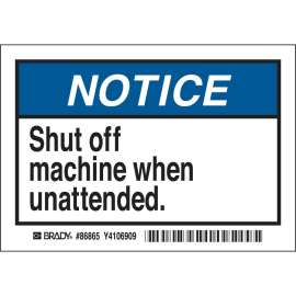 NOTICE Shut off machine when unattended. Labels, 3.5" H x 5" W x 0.006" D, Black/Blue on White