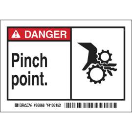 DANGER PINCH POINT. Labels, 3.5" H x 5" W x 0.006" D, Black/Red on White