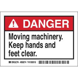 DANGER MOVING MACHINERY. KEEP HANDS AND FEET CLEAR. Labels, 3.5" H x 5" W x 0.006" D, Black/Red on White