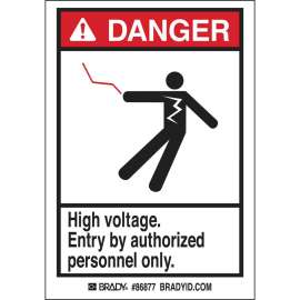 DANGER High voltage. Entry by authorized personnel only. Labels, 3.5" H x 5" W x 0.006" D, Black/Red on White