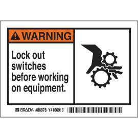 WARNING Lock out switches before working on equipment. Labels, 3.5" H x 5" W x 0.006" D, Black/Orange on White