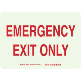 BradyGlo Emergency Exit Only Sign, 7" H x 10" W x 0.008" D, Red on Glow, Polyester
