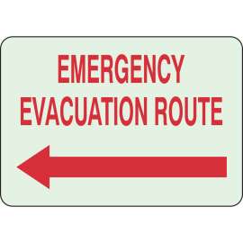 BradyGlo Emergency Evacuation Route Sign, 7" H x 10" W x 0.008" D, Red on Glow, Polyester