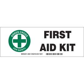First aid kit Sign, 3.5 " H x 10 " W, Black/Green on White