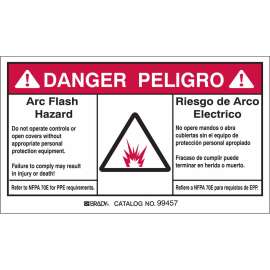 Arc Flash Labels, Arc Flash Hazard - Self-Sticking Polyester, English/Spanish Bilingual, Pack of 5 Labels, Black/Red on White