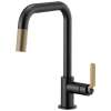 Pull-Down Faucet with Square Spout and Industrial Handle in Matte Black/Luxe Gold Finish