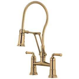 1.8 GPM Articulating Bridge Faucet with Finished Hose in Polished Gold Finish