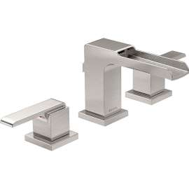 Two Handle Widespread Lavatory Faucet -Metal Pop-Up with Channel Spout in Brilliance Stainless
