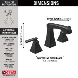 3564-BLMPU-DST Ashlyn Two Handle Widespread Metal Pop Up Lavatory Faucet, Matte Black