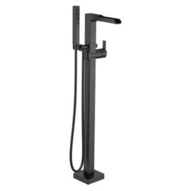 T4768-BLFL Ara Delta Ara Single Handle Floor Mount Channel Spout Tub Filler Trim with Hand Shower, Matte Black