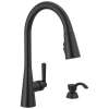 19893Z-BLSD-DST Boyd 11.63-in x 10.75-in x 16.50-in Single-Handle Pull-Down Kitchen Faucet with Soap Dispenser and Shieldspray Technology, Matte Black