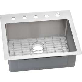 Crosstown ECTSR25229BG5 Stainless Steel Single Bowl Dual-Mount Sink Kit with 5 Faucet Holes in Polished Satin