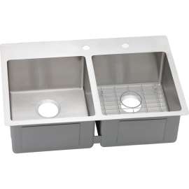 Crosstown ECTSR33229BGFR2 Stainless Steel Double Bowl Dual-Mount Sink Kit with 2 Faucet Holes in Polished Satin