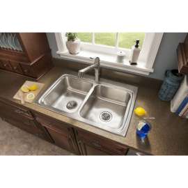 Gourmet Lustertone LR33225 Stainless Steel Double Bowl Top Mount Sink with 5 Faucet Holes in Lustrous Highlighted Satin