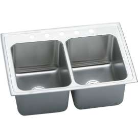 Stainless Steel Double Bowl Top Mount Sink with 5 Faucet Holes in Lustrous Highlighted Satin