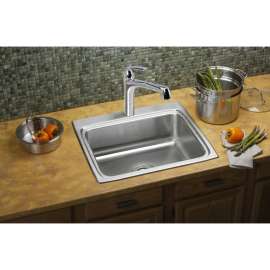 Gourmet Lustertone LR25225 Stainless Steel Single Bowl Top Mount Sink with 5 Faucet Holes in Lustrous Highlighted Satin