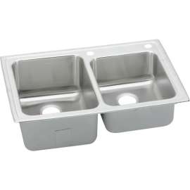 Gourmet Lustertone LGR3322S2 Stainless Steel Double Bowl Top Mount Sink with 2 Faucet Holes in Lustrous Highlighted Satin