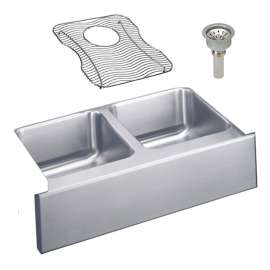 Gourmet Lustertone ELUHF332010DBG Stainless Steel Double Bowl Apron Front Undermount Sink Kit in Lustrous Highlighted Satin