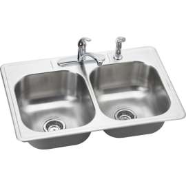 Stainless Steel Double Bowl Top Mount Sink and Faucet Kit with 4 Faucet Holes in Elite Satin