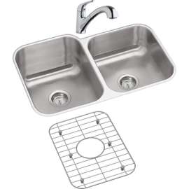 Stainless Steel Double Bowl Undermount Sink and Faucet Kit in Radiant Satin