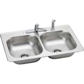 Stainless Steel Double Bowl Top Mount Sink and Faucet Kit with 4 Faucet Holes in Satin