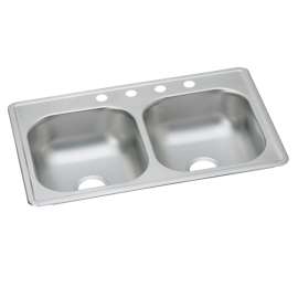 Dayton Stainless Steel 33" X 19" X 6-7/16" 4-Hole Equal Double Bowl Drop-In Sink, D233194