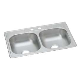 Dayton Stainless Steel 33" X 22" X 6-9/16" 2-Hole Equal Double Bowl Drop-In Sink, D233222